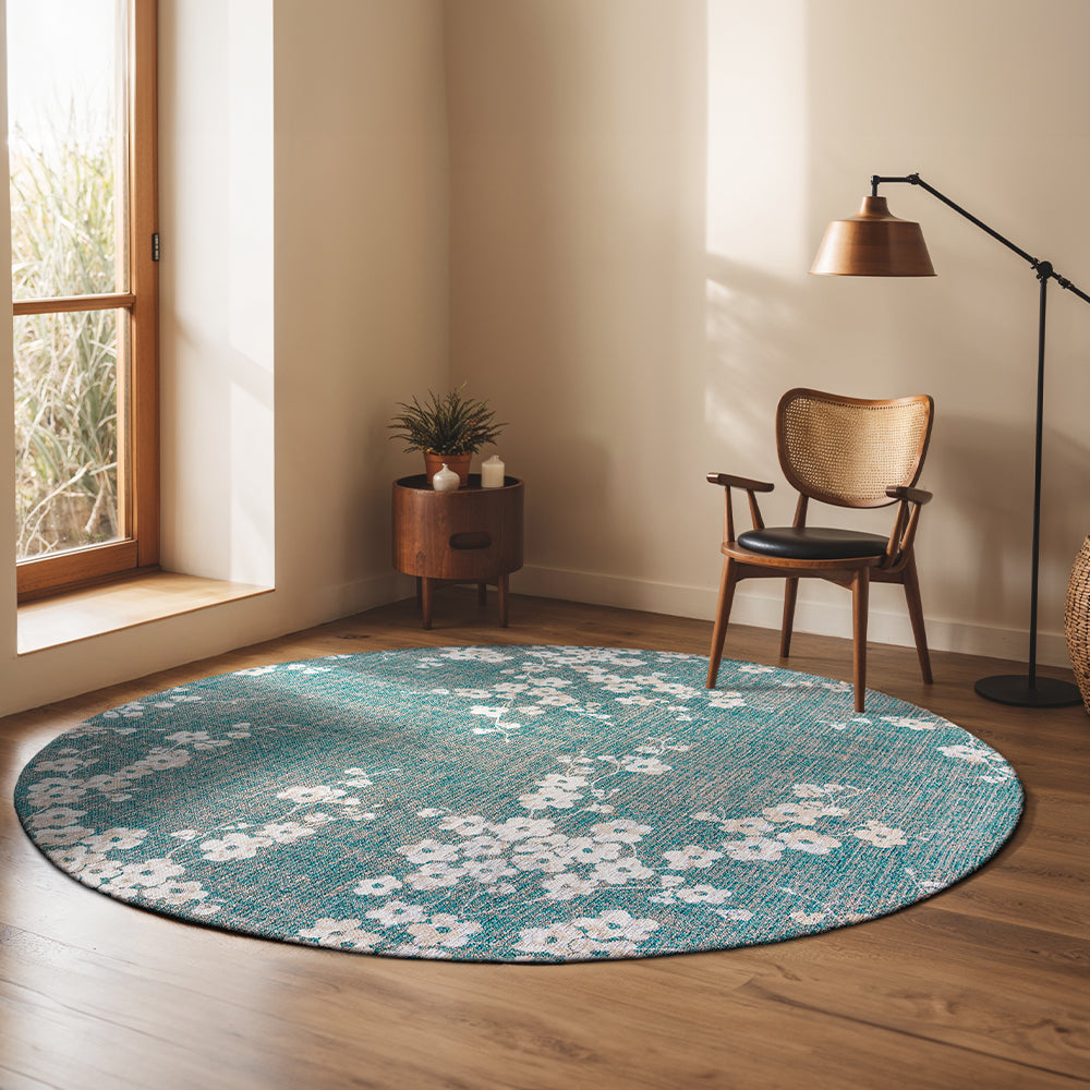 Sakura Circle Rug in Lake Blue