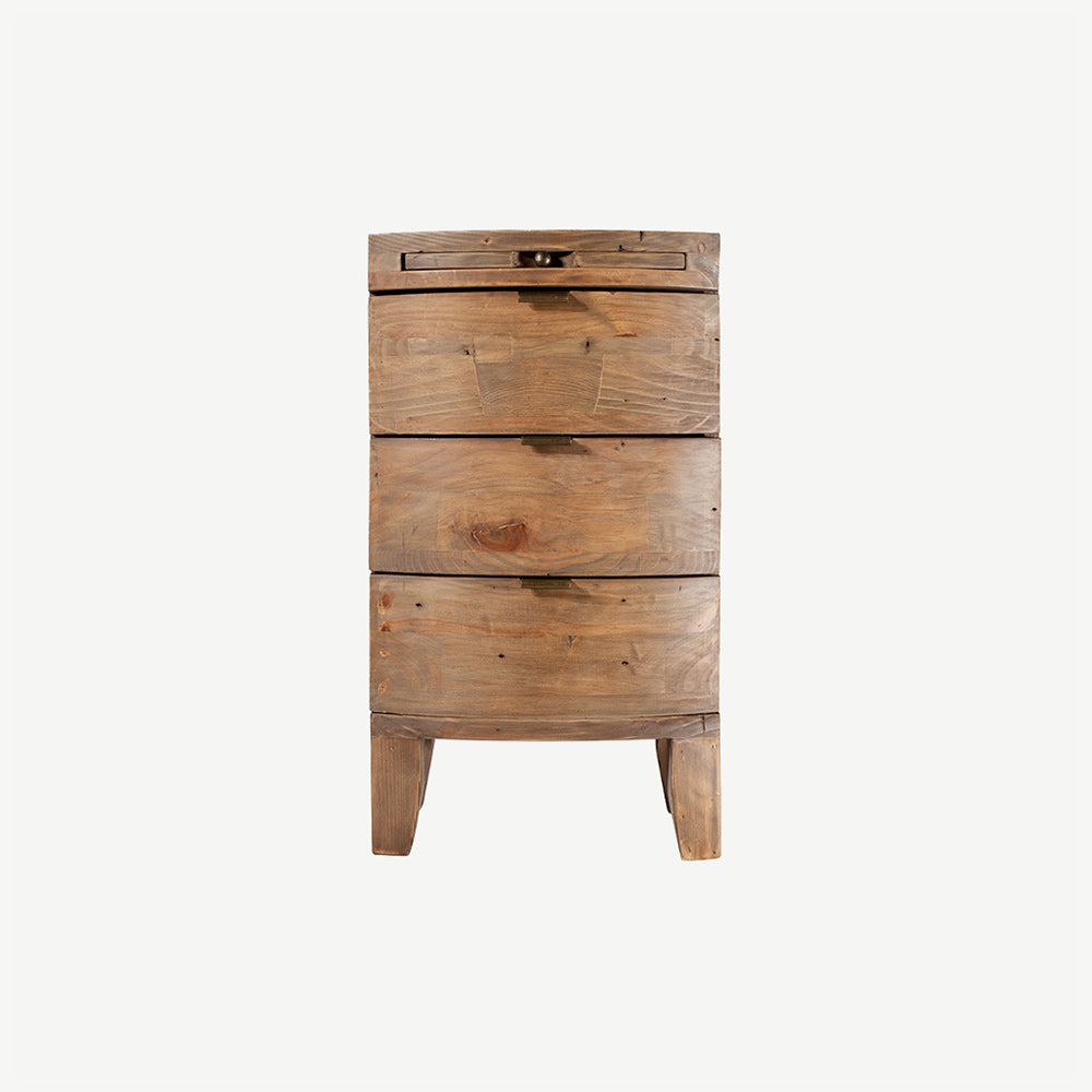 Reclaimed timber wood bedside table in sundried finish with three curved drawers and pull-out desk