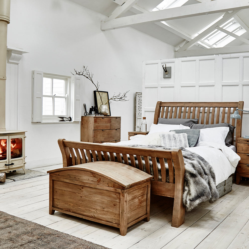 Reclaimed timber wood bedframe in sundried finish with slatted footboard and headboard