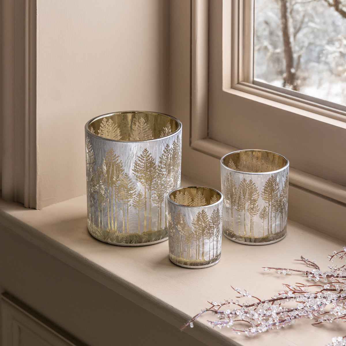Set of 3 Etched Silver Tree Candle Holders