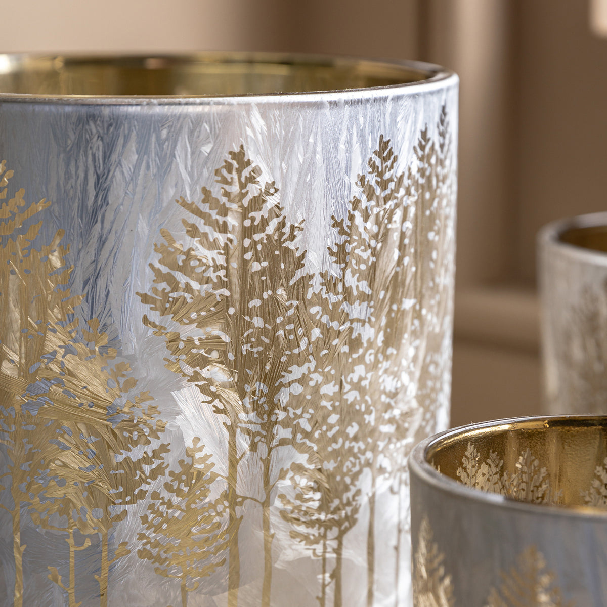 Set of 3 Etched Silver Tree Candle Holders
