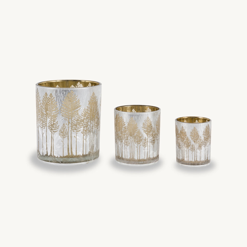Set of 3 Etched Silver Tree Candle Holders