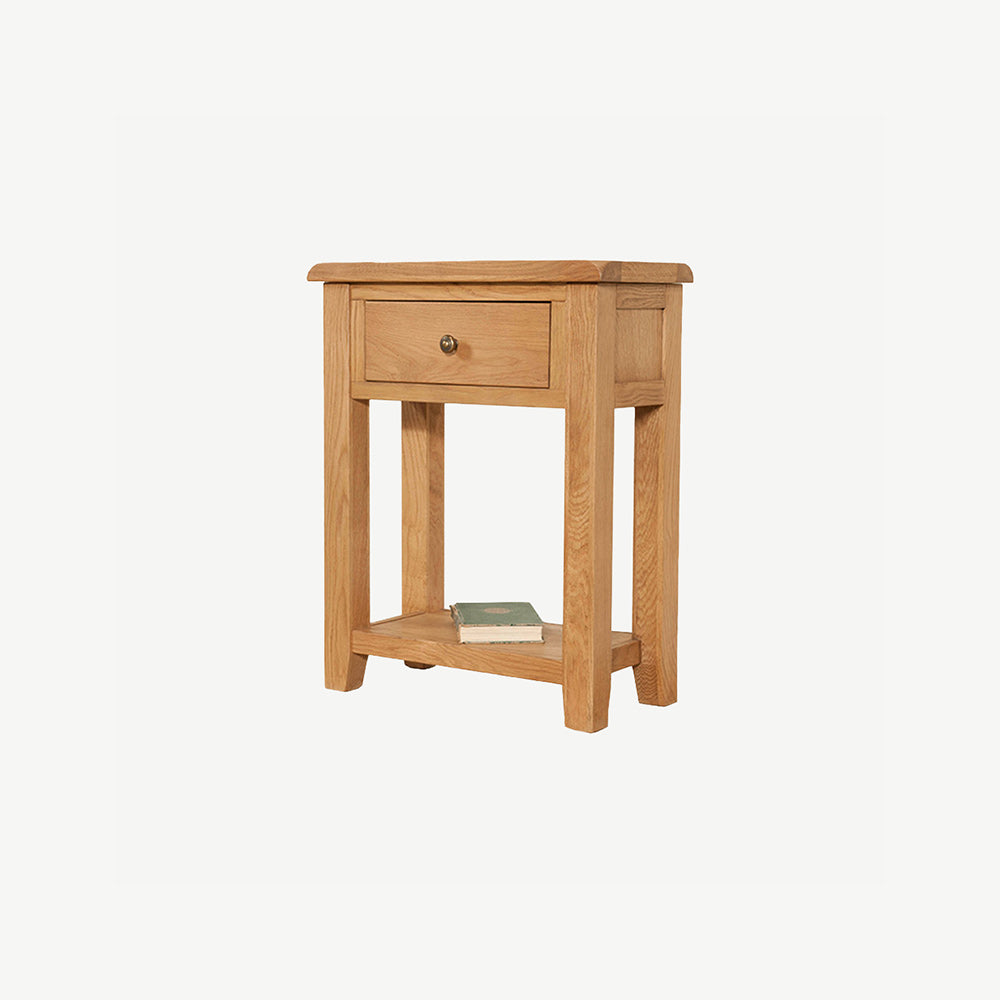 Solid wood small console table with one drawer in natural oak finish