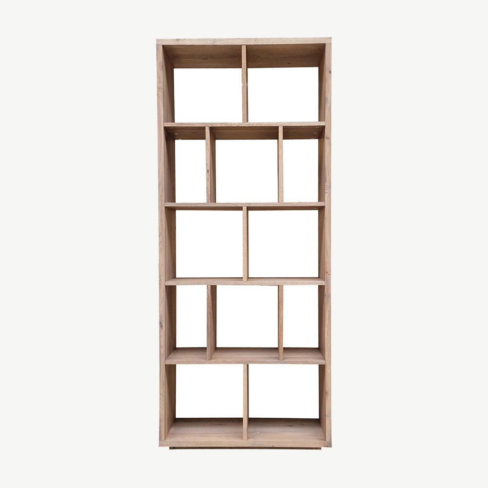 Open back bookshelf with five layered shelves in natural wood finish