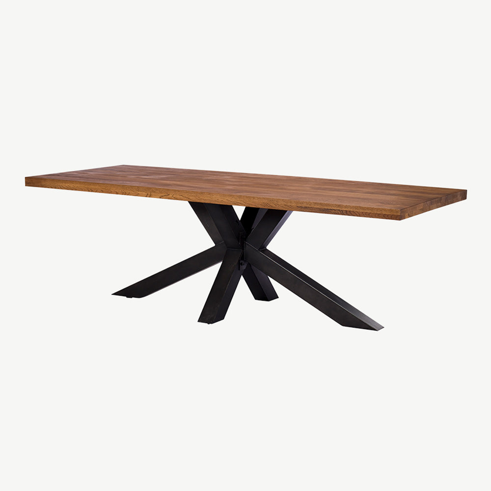 Rustic solid oak dining table with star burst effect black legs