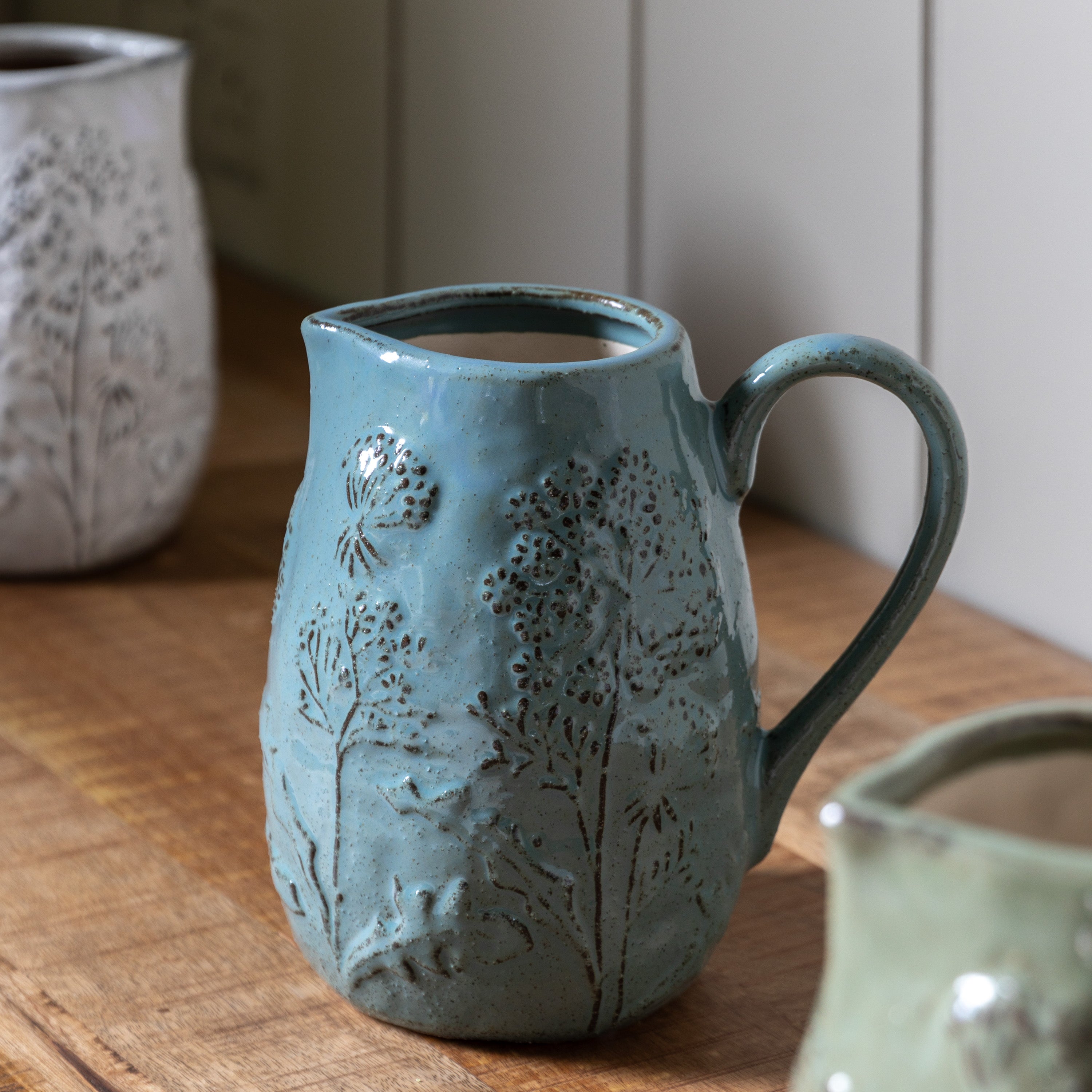 Meadow Embossed Ceramic Jug in Duck Egg