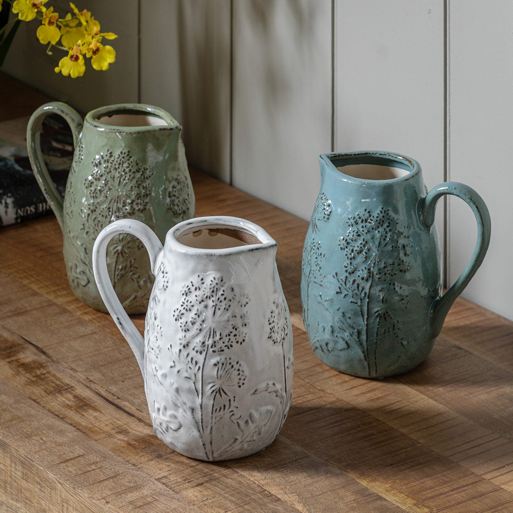 Meadow Embossed Ceramic Jug in Duck Egg