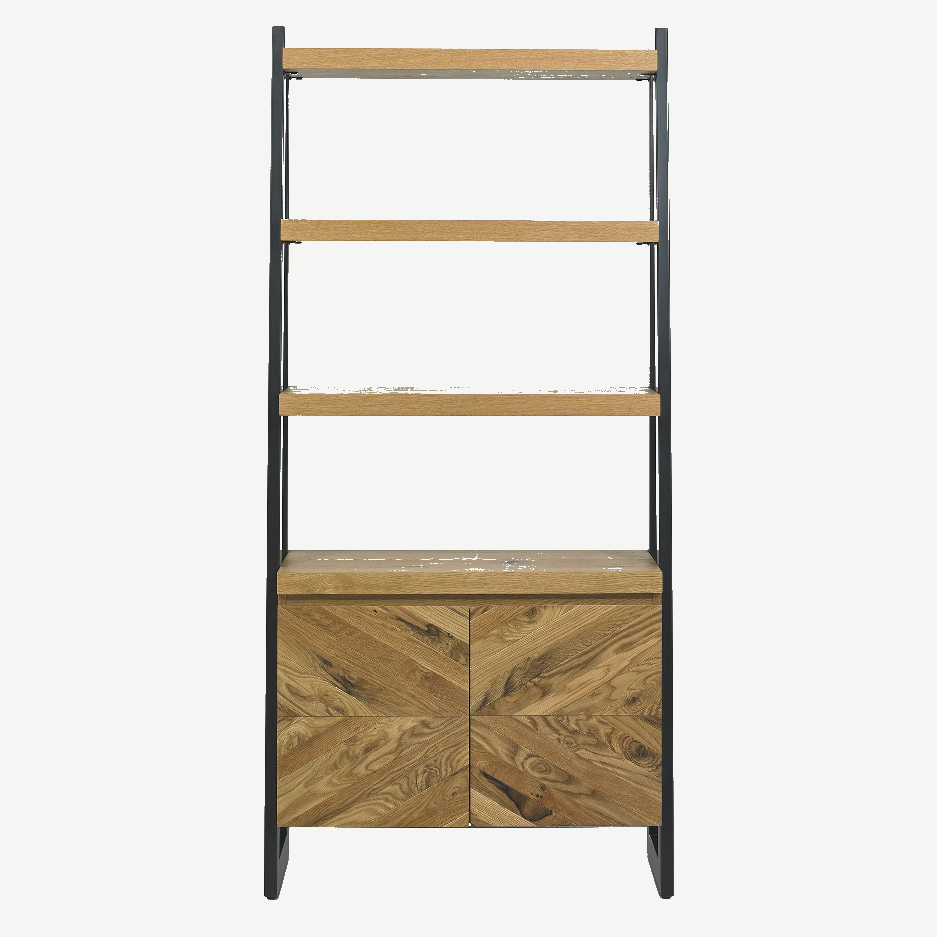 Solid oak open display unit with rustic oak marquetry tops & black powder coated metal base