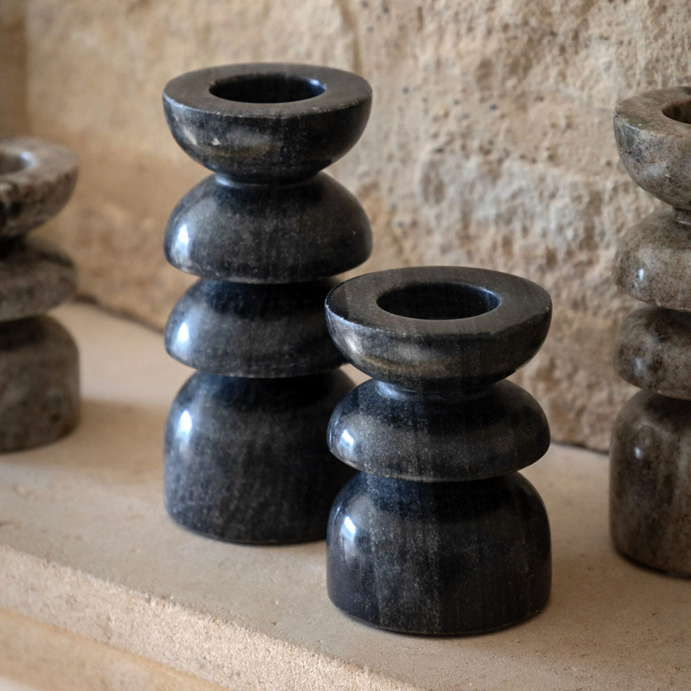 Set of 2 Marble Candlesticks in Grey