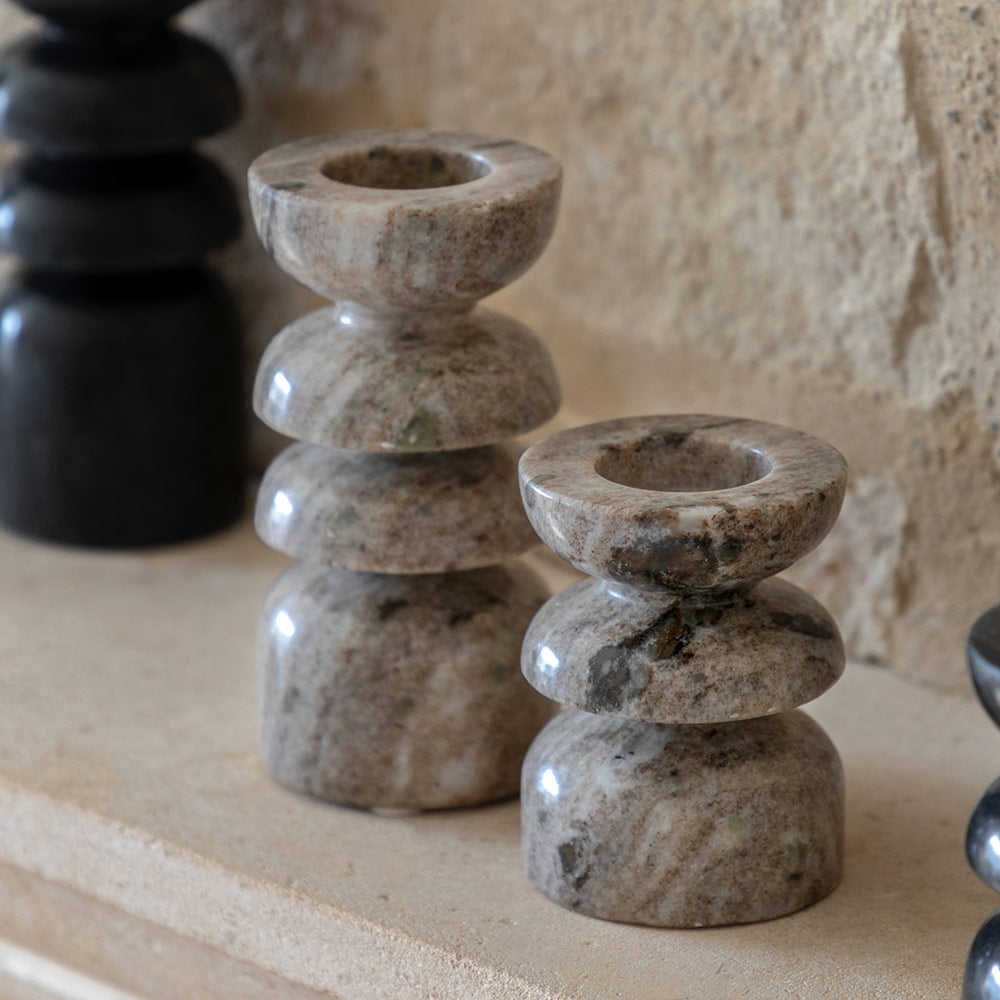 Set of 2 Marble Candlesticks in Sandstone