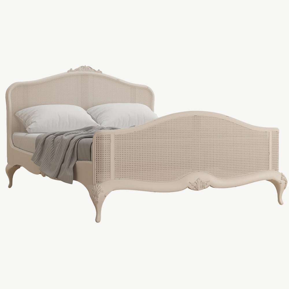 French inspired wooden bed with rattan footboard and headboard in cream finish