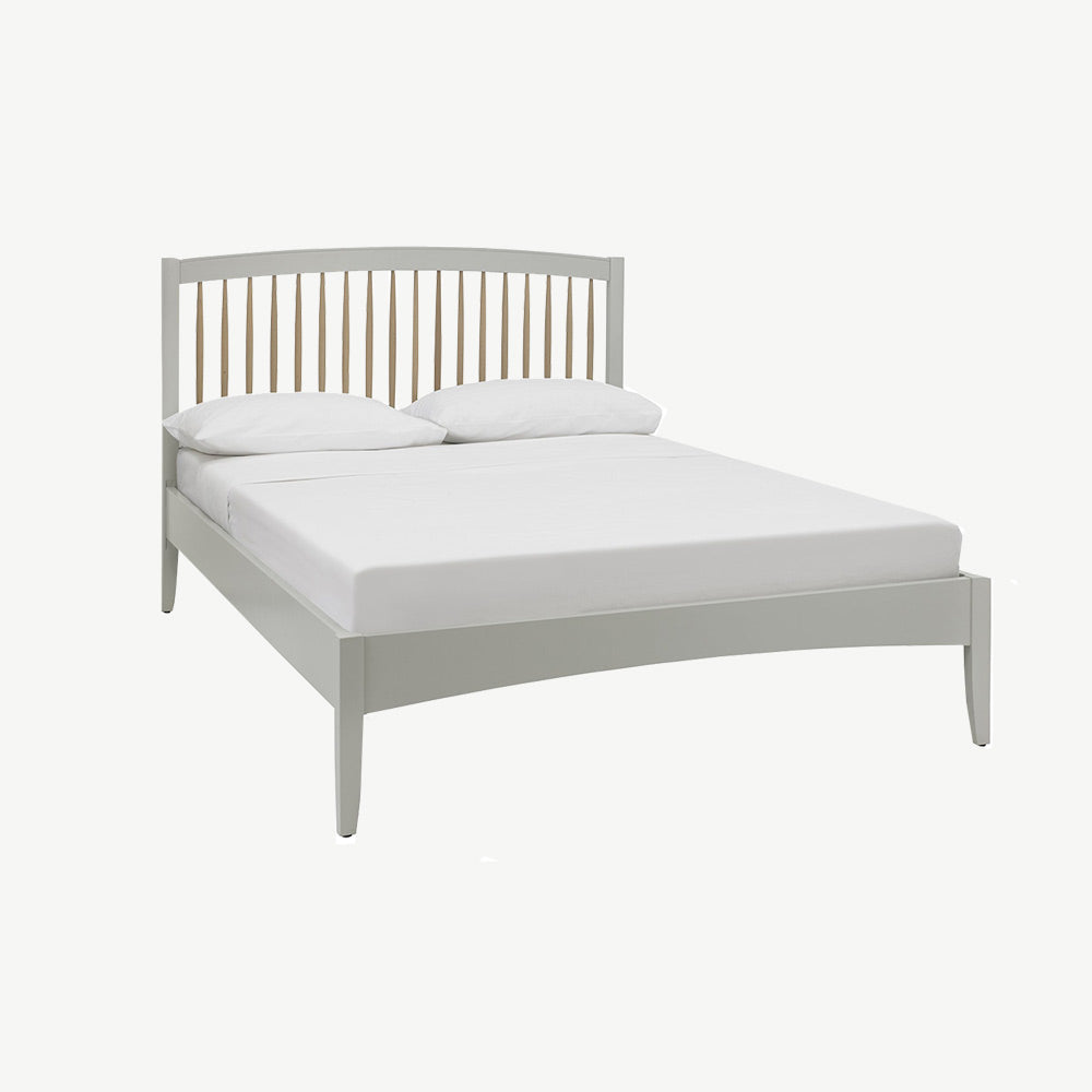 Pale oak bedframe in light grey finish with spindle headboard