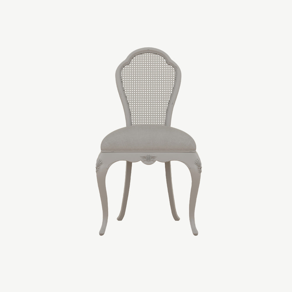 Grey upholstered chair with a cushioned seat and backrest