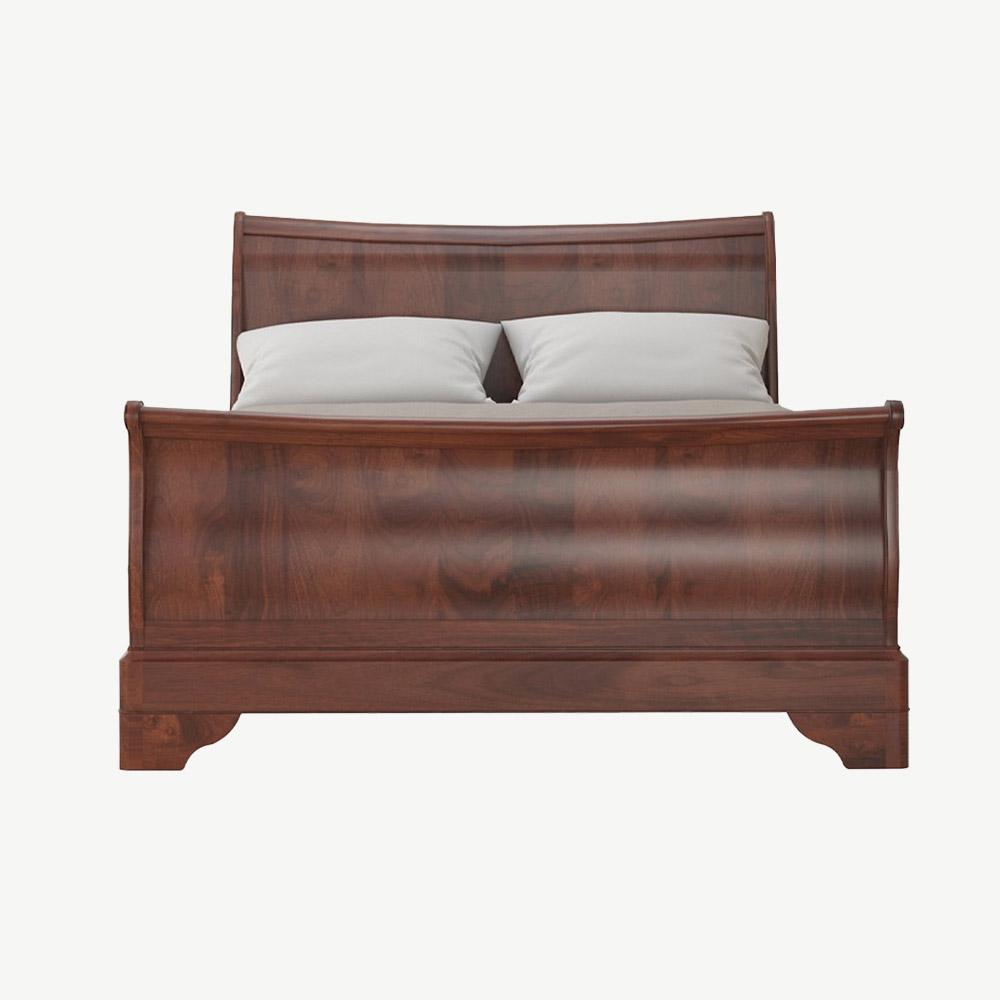 Stylish sleigh bed in lacquered heva & prima vera veneer