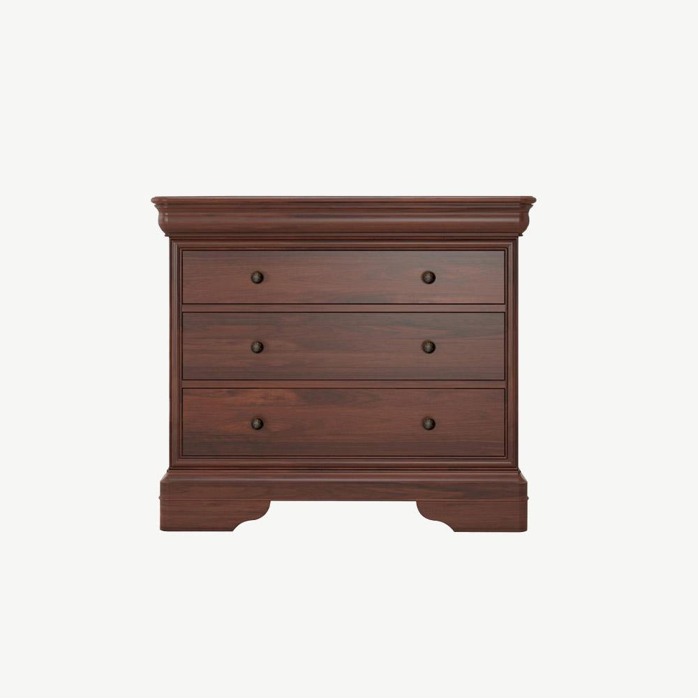 Wide 3 drawer chest crafted from solid wood veneers in rich cherrywood