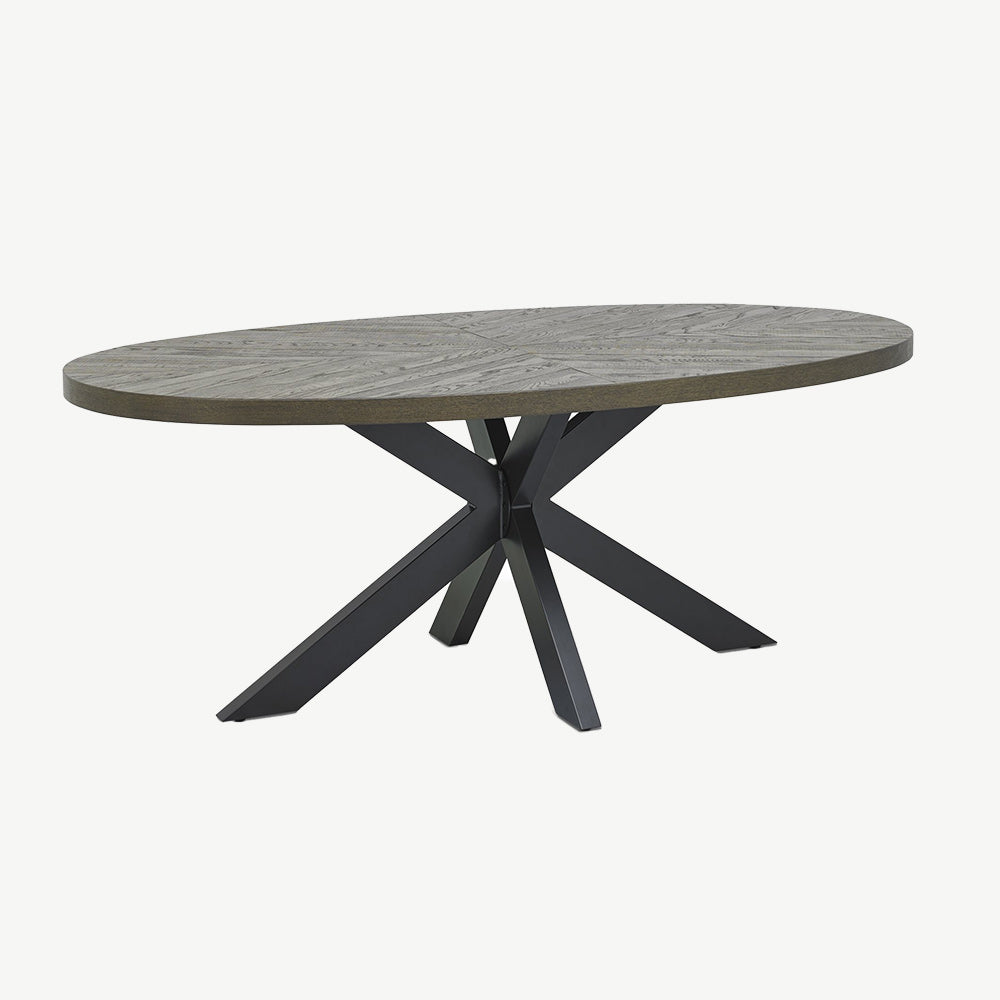 Solid oak 6 seater dining table with fumed oak marquetry tops & black powder coated metal base
