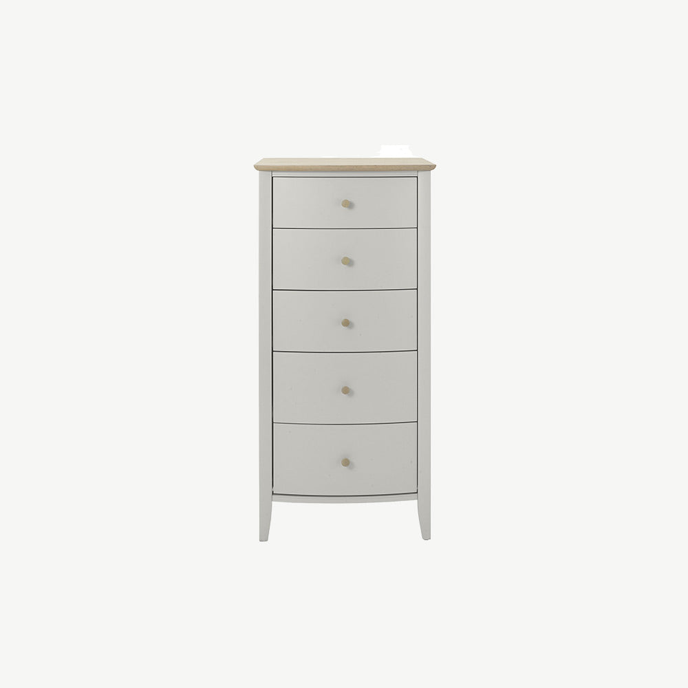 Pale oak 5 drawer tall chest in light grey finish with natural oak top and turned handles