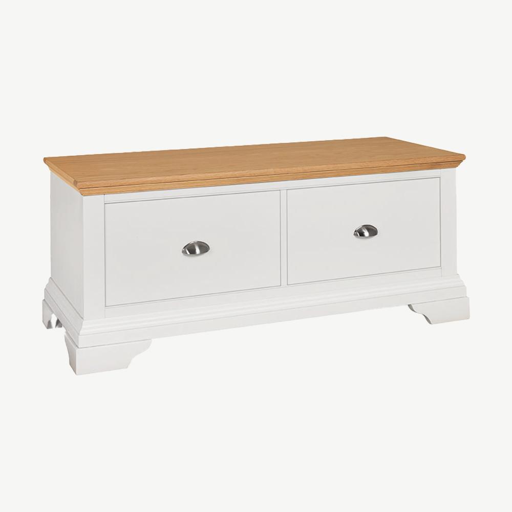 Two tone blanket box painted white with natural oak top