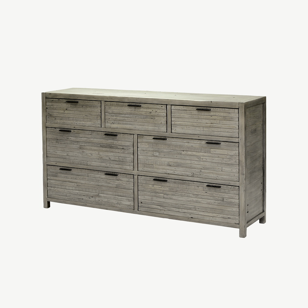Reclaimed timber 7 drawer wide chest in light grey teak finish