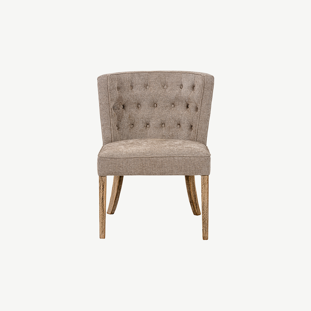 Champagne wash upholstered dining chair with pine legs in wax finish