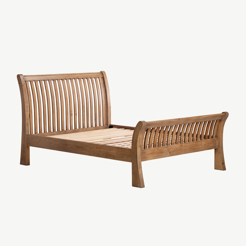 Reclaimed timber wood bedframe in sundried finish with slatted footboard and headboard