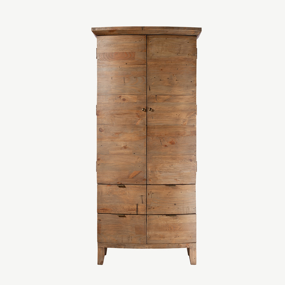 Reclaimed timber wood double wardrobe in sundried finish with four deep drawers and two curved doors