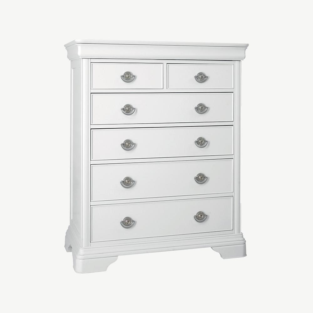 Wooden 2 and 4 drawer chest in painted white finish with silver handles