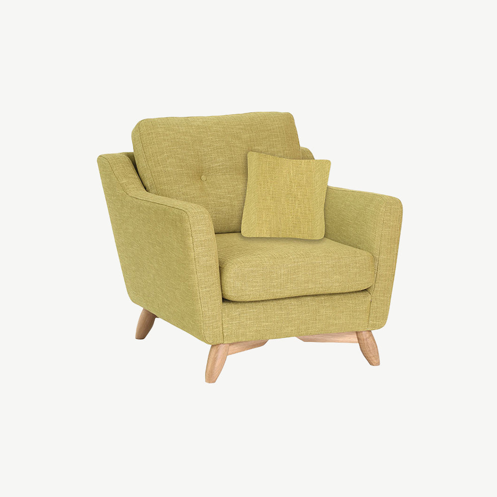 Ercol Cosenza green fabric armchair with solid oak legs