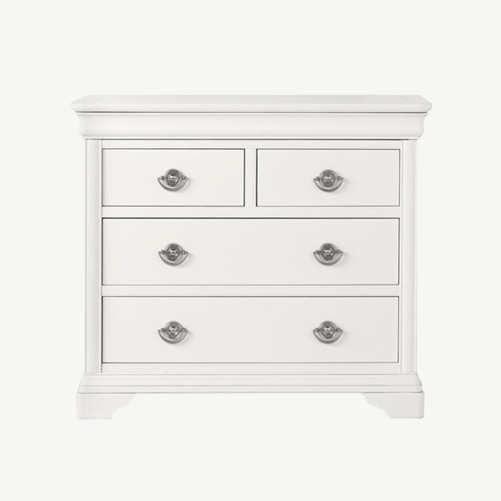 Wooden 2 and 2 drawer chest in painted white finish with silver handles