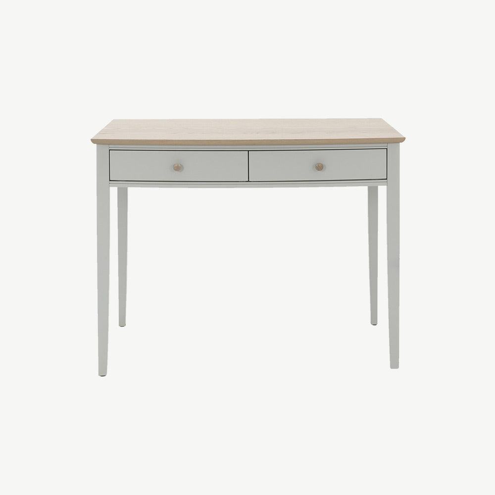 Pale oak dressing table in light grey finish, natural oak top and turned handles