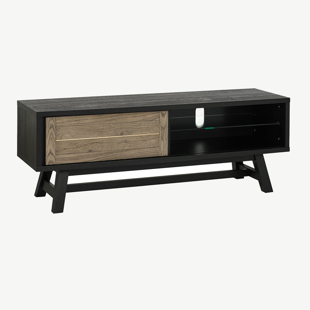 Oak veneer entertainment unit with black peppercorn base