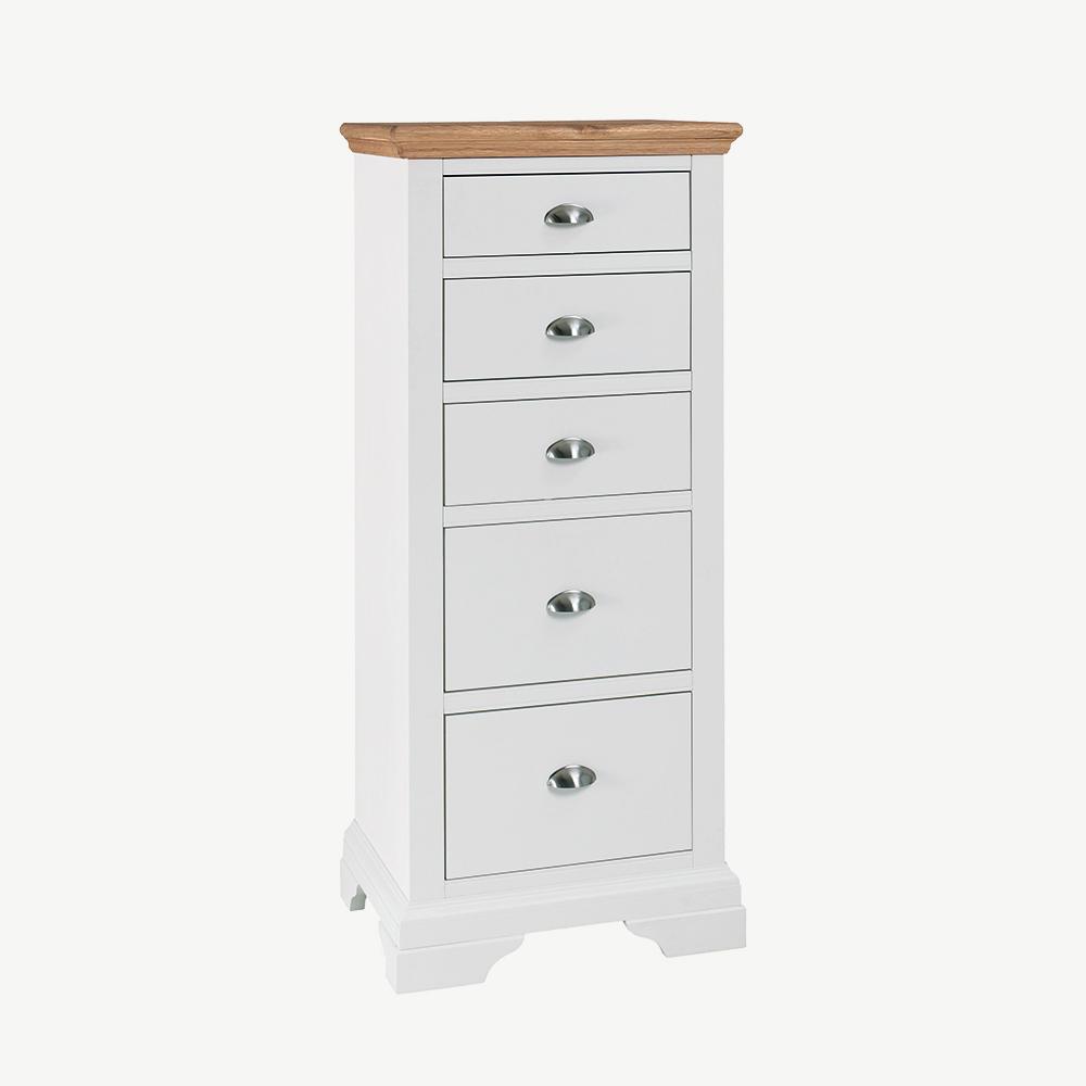 Two tone tall 5 drawer chest painted white with natural oak top