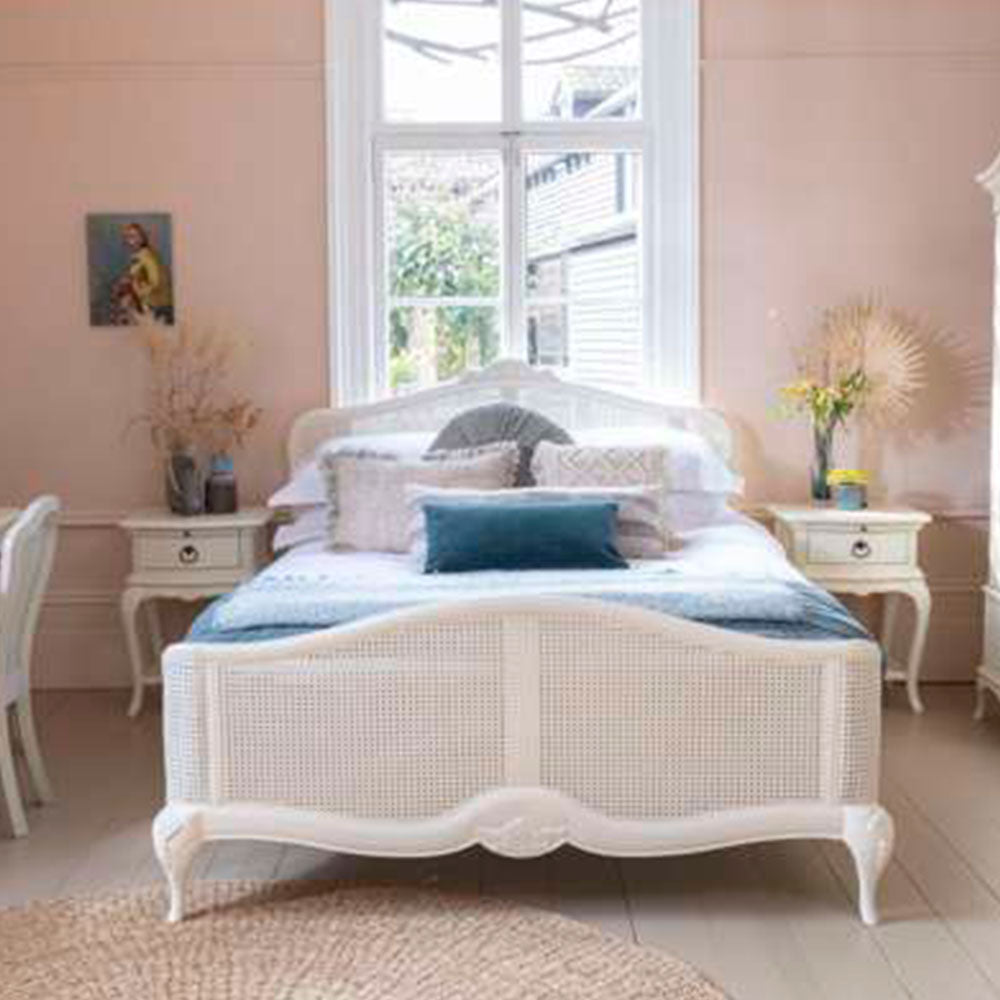 French inspired wooden bed with rattan footboard and headboard in cream finish