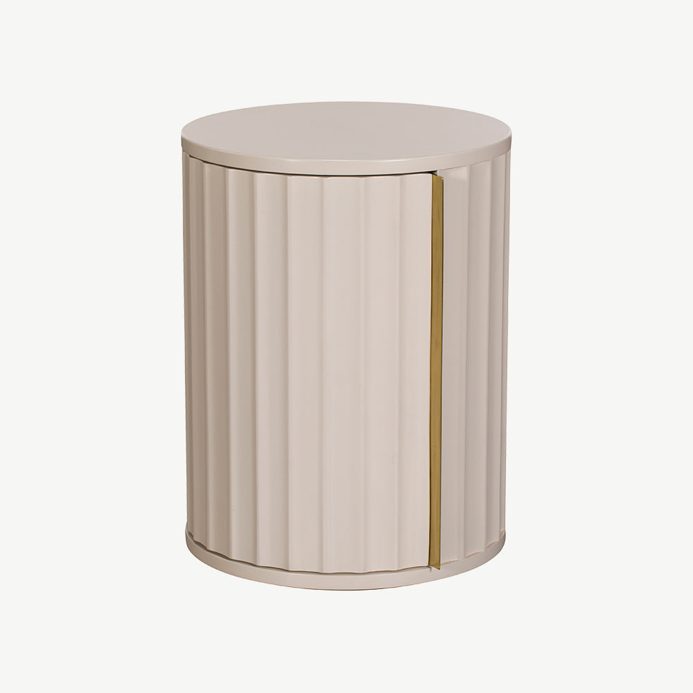 Mahogany left bedside table in netural ivory finish with corrugated front and gold accent handle