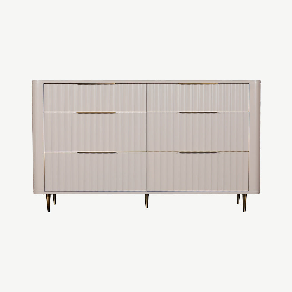 Mahogany 6 drawer chest in neutral ivory finish with corrugated drawer fronts and gold accent handles