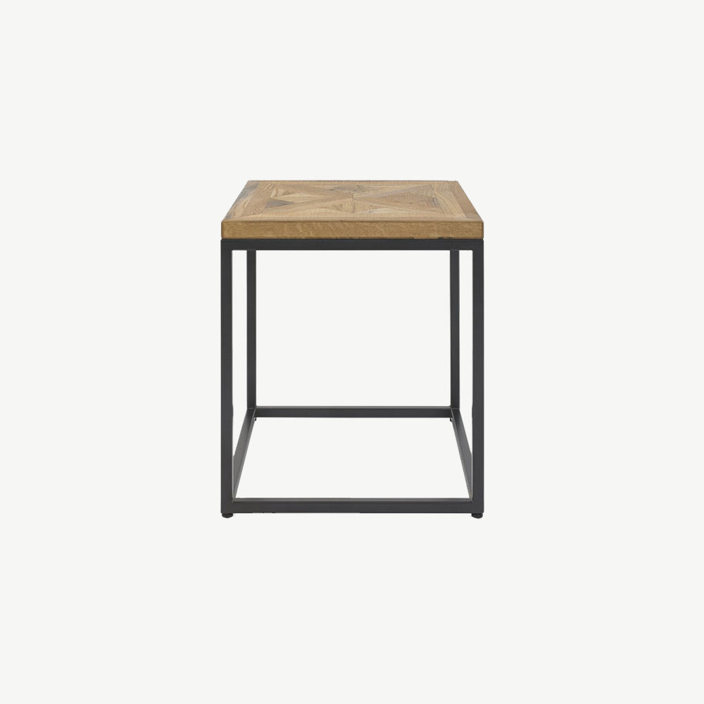 Oak veneer lamp table with black powder coated metal base