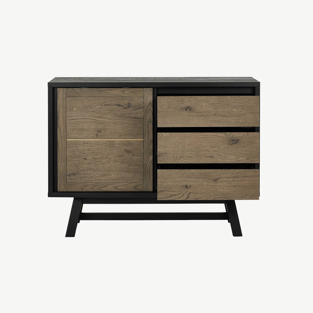 Oak veneer narrow sideboard with black peppercorn base
