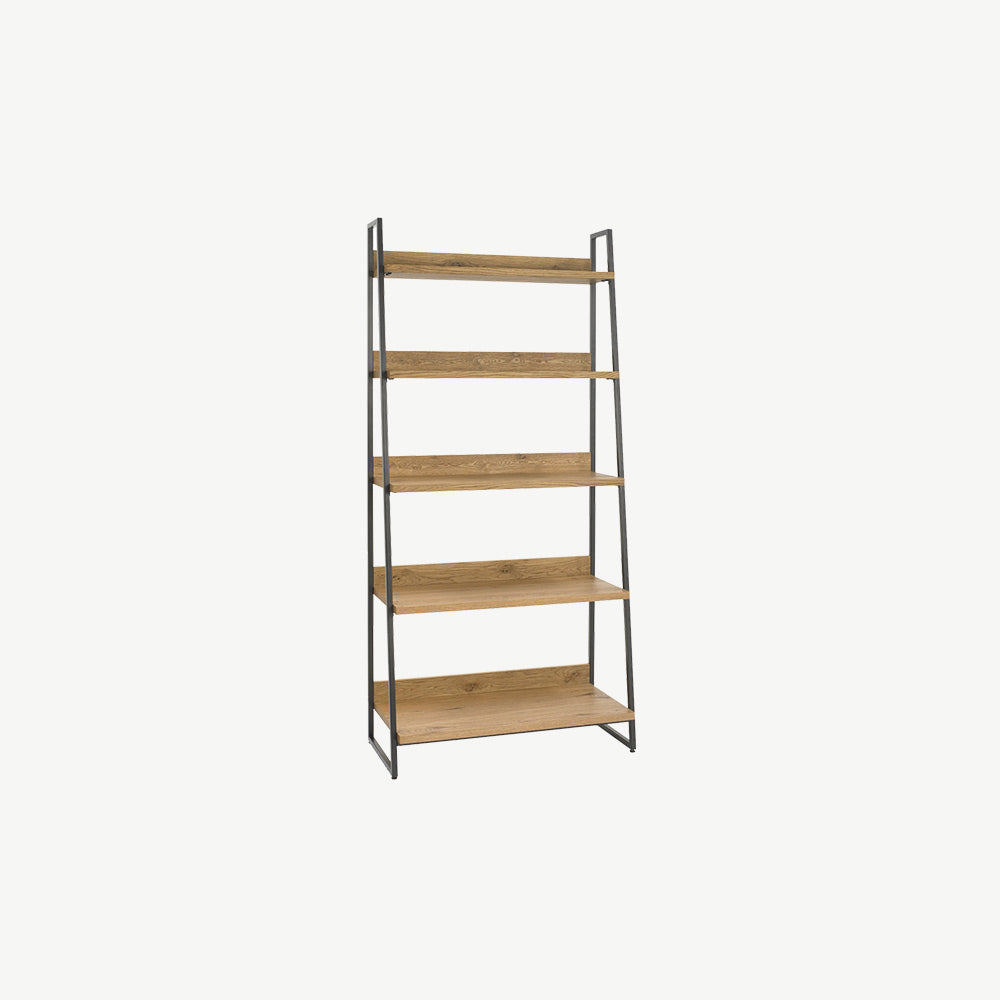 Oak veneer display unit with black powder coated metal base