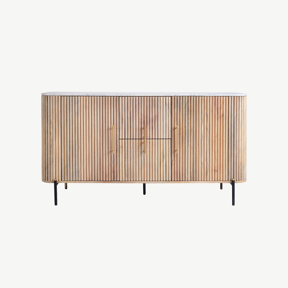 Fluted mango wood wide sideboard with solid white marble top