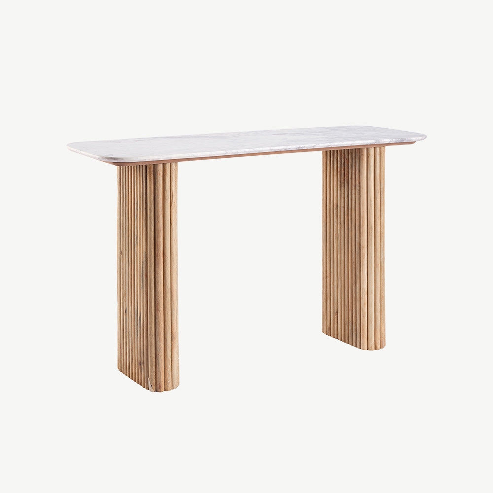 Fluted mango wood console table with solid white marble top