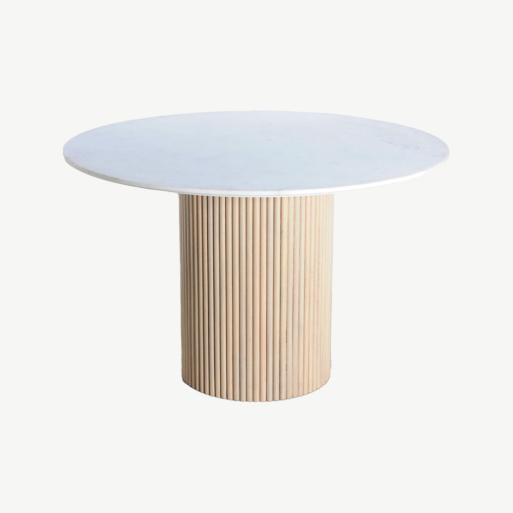 Fluted mango wood round dining table with solid white marble top
