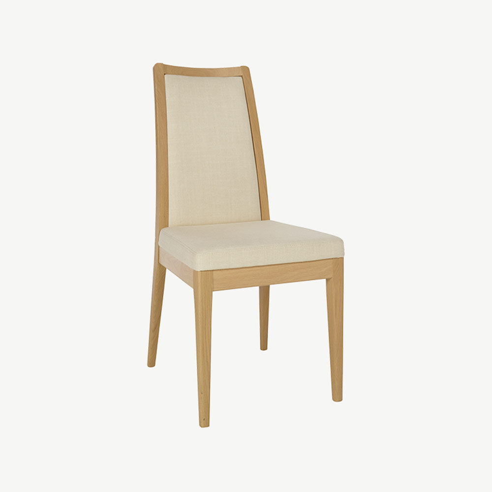 Ercol Romana solid oak padded back dining chair with fabric seat