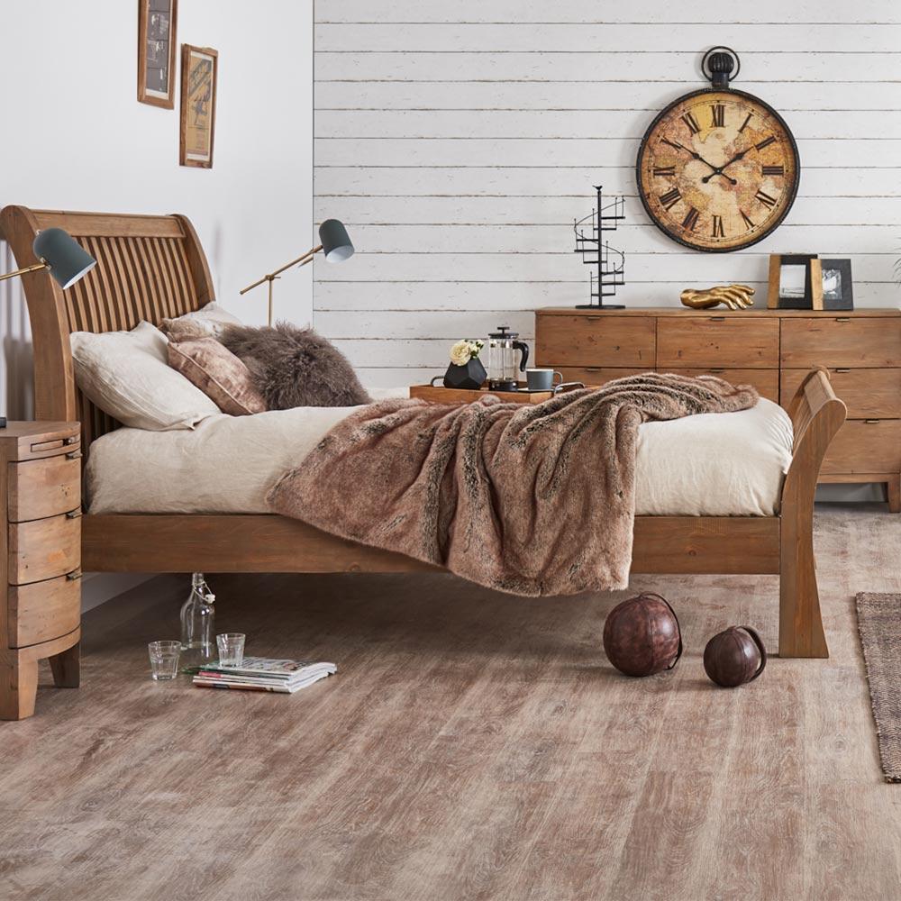 Reclaimed timber wood bedframe in sundried finish with slatted footboard and headboard