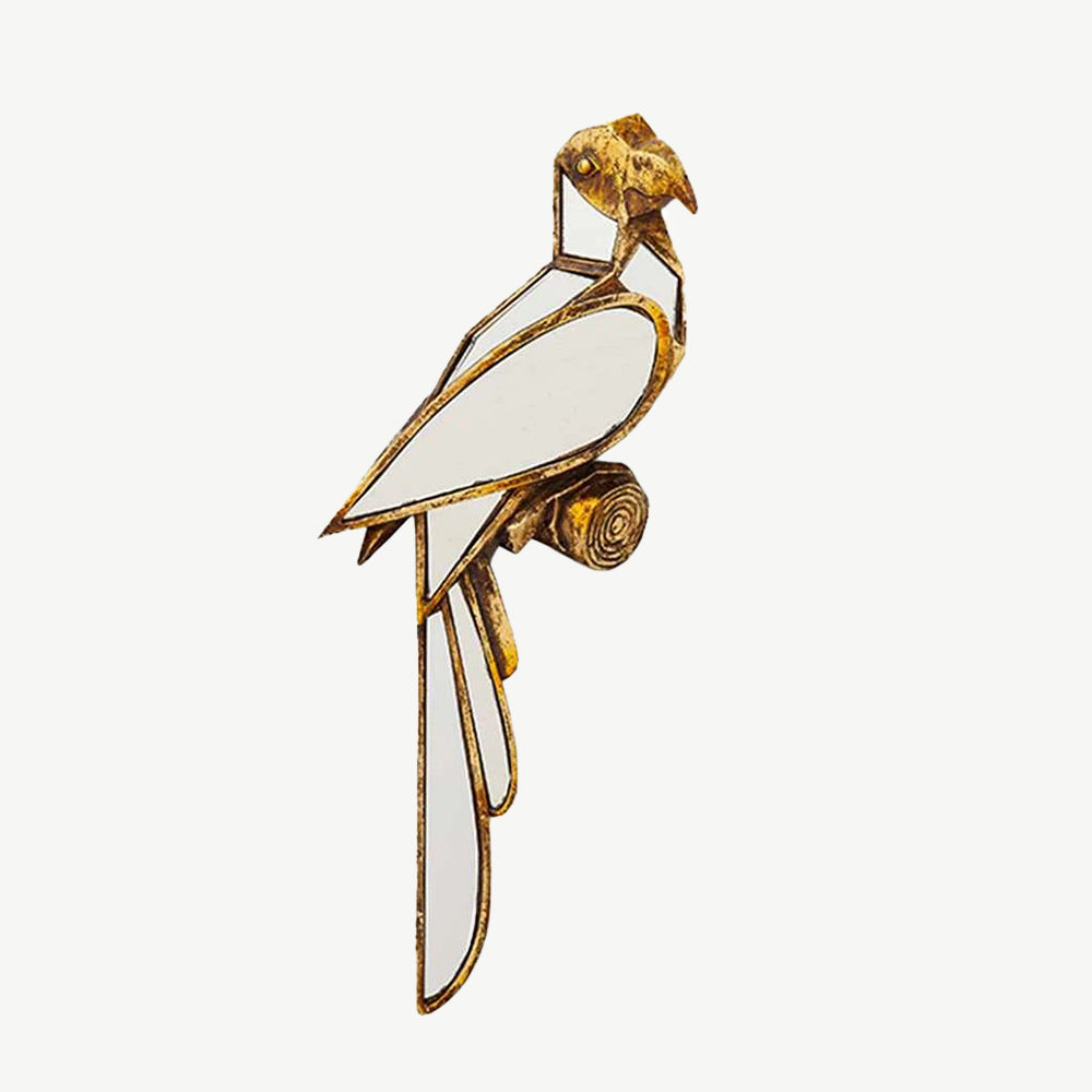 Gold coloured metal parrot wall mirror with aged effect