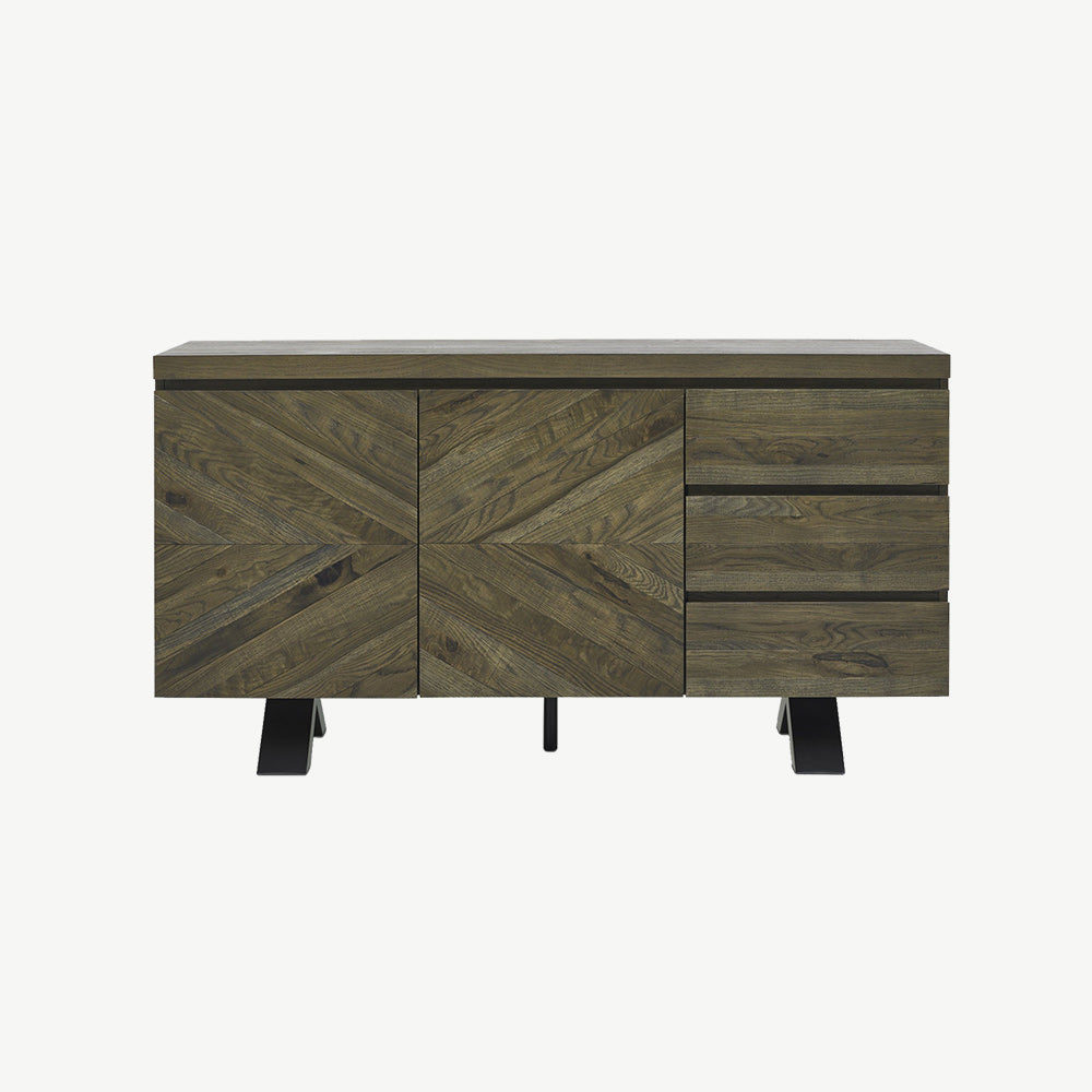 Solid oak wide sideboard with fumed oak marquetry tops & black powder coated metal base
