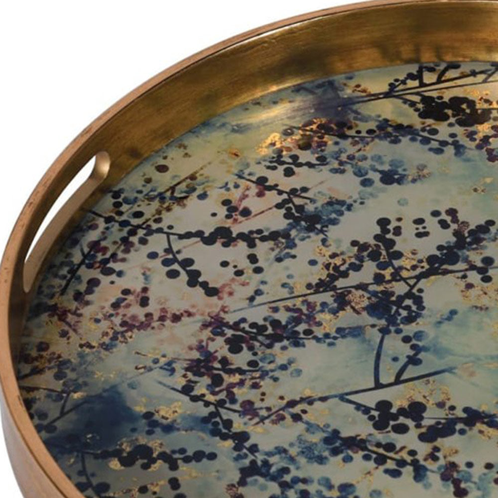 Gold look decorative tray with blossom pattern base and handle holes