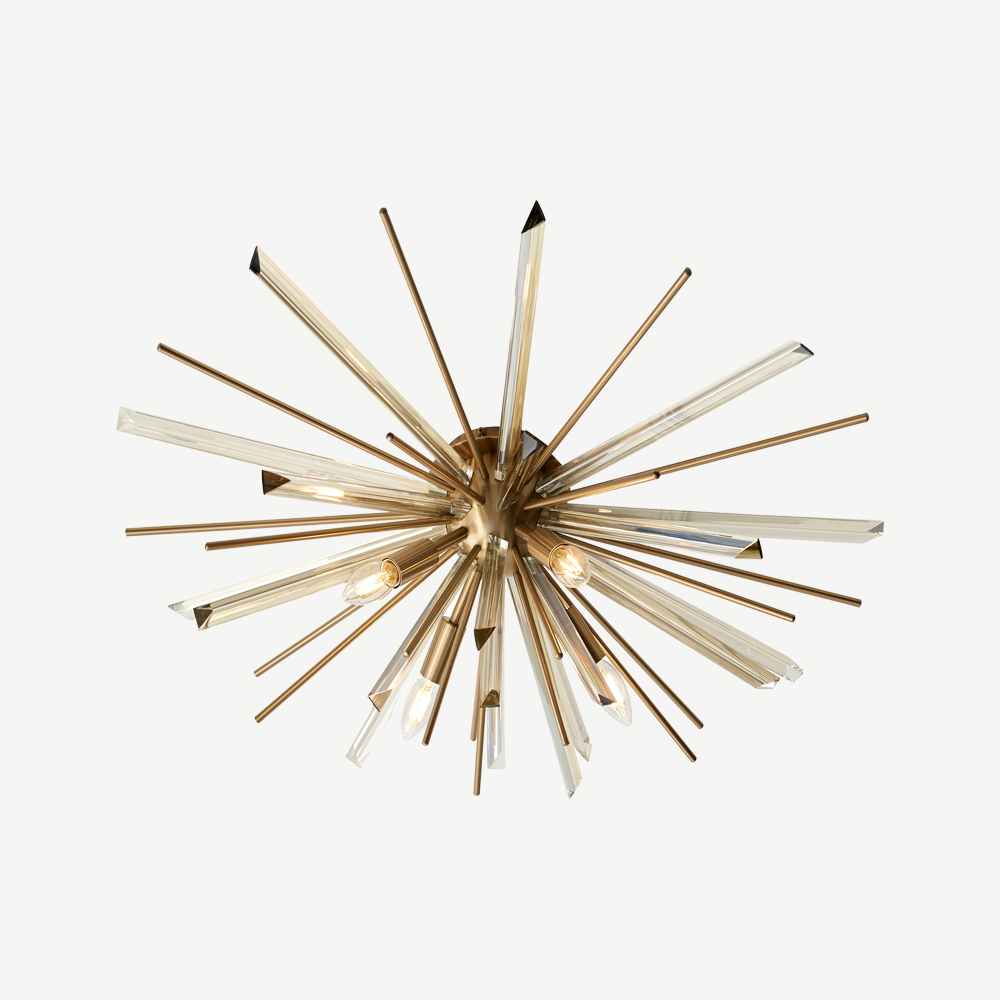 Flush light with antique brass metalwork, champagne triangular prism glass and decorative rods