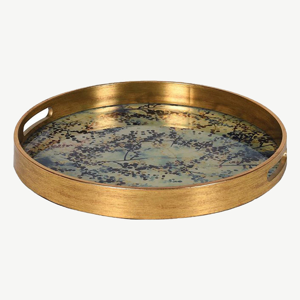 Gold look decorative tray with blossom pattern base and handle holes