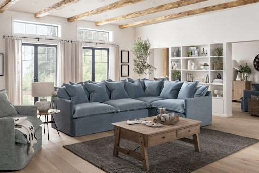 Teal blue sofa in living room
