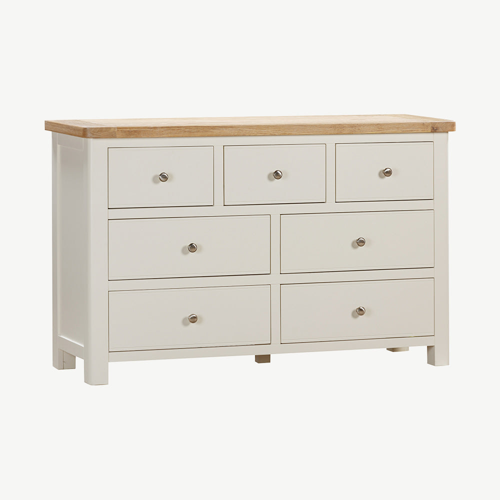 Painted off-white 3 over 4 drawer chest with natural wood top, three top drawers and 4 bottom drawers
